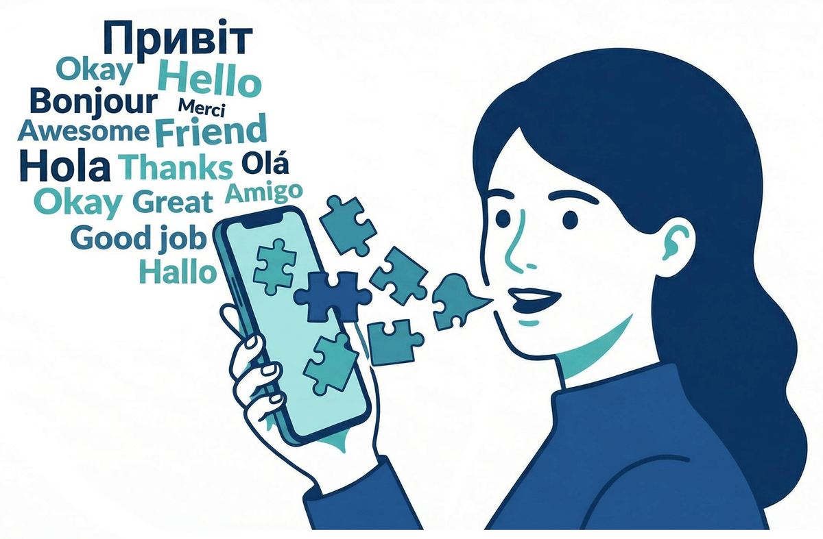 Woman using HearMe app, puzzle pieces coming together to form a clear speech bubble, representing the reconstruction of speech